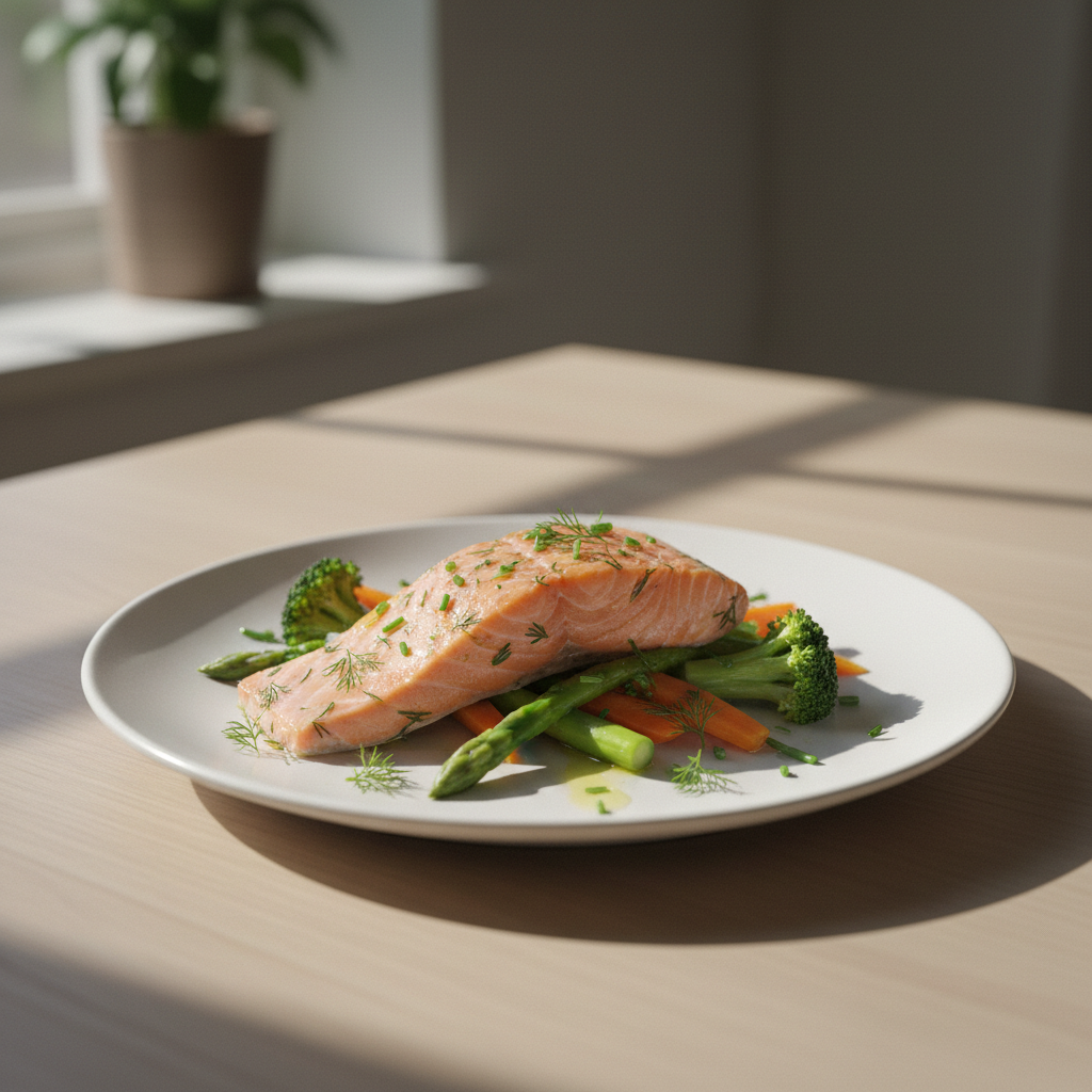 Dampet laks med grøntsager